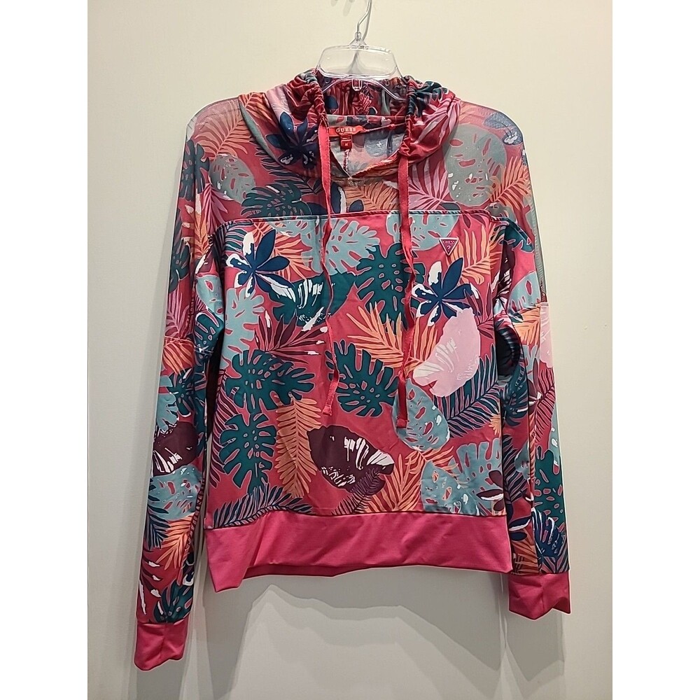 Guess Women Pullover floral  Hoodie Pink Logo Sweatshirt Size M Medium